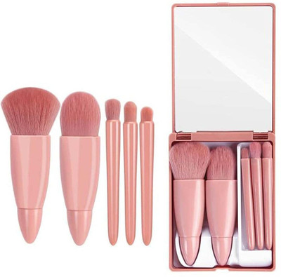 SVULINT Portable 5Pcs Travel Makeup Brush Set with Makeup Mirror in Brush Case(Pack of 5)