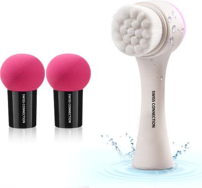 Swiss Connection 2 IN 1 Face Exfoliator Brush/Face Cleaning Brush, Facial Puff 2 Pcs Sponge(Pack of 3)