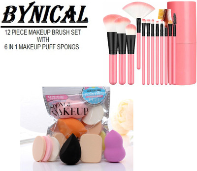 Bynical Professional 12 Piece Makeup Brush Set With Box + Soft 6 in 1 Makeup Sponge Pack(Pack of 18)