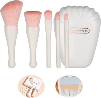 My Colors Travel Makeup Brush Set 5pcs Mini Cosmetic Brushes with Mirror Shell Case -Cream(Pack of 5)