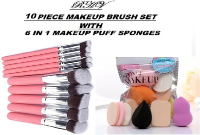 RHV 10 Pcs Makeup Brush Set with 6 in 1 Makeup Sponge Puff Pack - Soft(Pack of 16)
