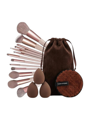 LA VENUST 17Pc Makeup Kit Set - 13 Brushes, 3 Blenders & Clean Sponge (Coffee)(Pack of 17)