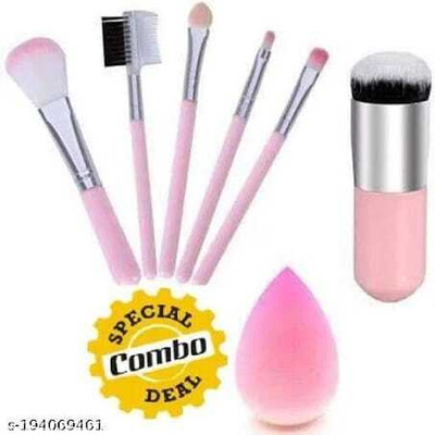 Mecovip Professional 5 Pink Makeup brush set and foundation brush & blender puff(Pack of 5)