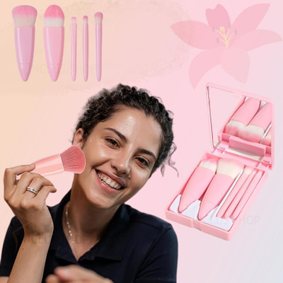 LOCAL SHOPPER Professional Small Travel Makeup Brush Set 5 Pcs with Brush Case Built-in Mirror(Pack of 5)
