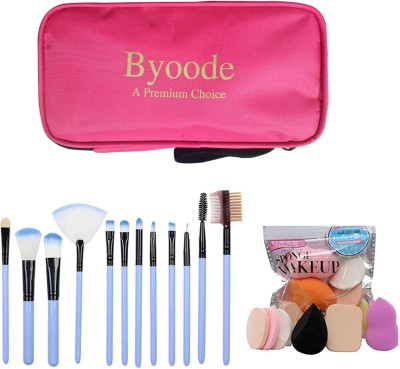 Byoode 12 pcs blue makeup brush set with bag with 6 in 1 makeup sponge combo(19 Items in the set)