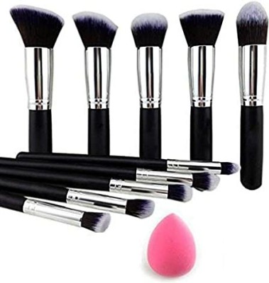 grasp Fiber Bristle Makeup Brushes Set Black) with Sponge Puff- Black, 10 Pieces(Pack of 11)