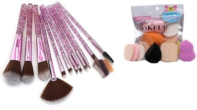 Glowrx 12 Pcs Pink Face & Eye Makeup Brush Set With Box + 6in1 Makeup Sponge Puff Pack(Pack of 18)