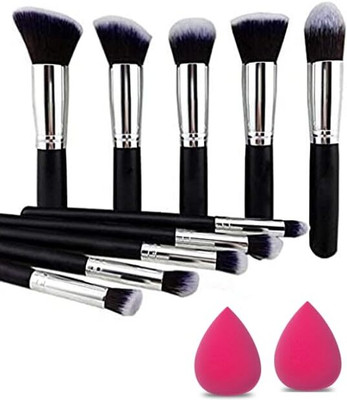 LOVHIDE 10pcs Fiber Bristle Makeup Brushes Set Foundation ,Eyeshadow Sponge Puff -2 pcs(Pack of 12)