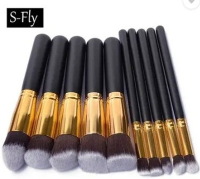 Jollity Black and Golden Wooden Handle makeup brush 10 black(Pack of 10)