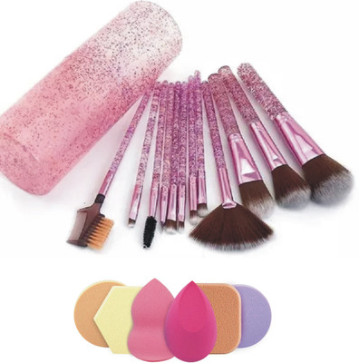SMIETRZ 12 Pcs Pink Face & Eye Makeup Brush Set With Box + 6in1 Makeup Sponge Puff Pack(Pack of 18)