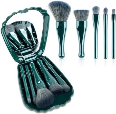 Qinitzz 5pcs Travel Makeup Brush Set Mini Cosmetic Brush with Mirror Shell Case-Green C(Pack of 5)