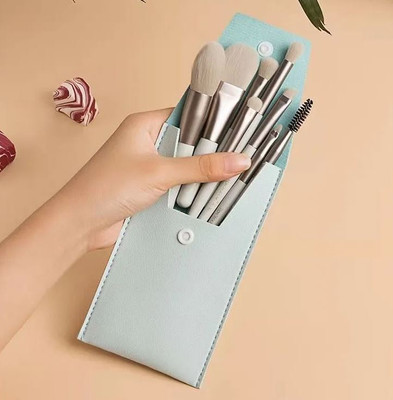 SUNAINA Makeup Mini Green Brush Set Of 8 Pcs with Case for Foundation,Powder,Blush(Pack of 8)