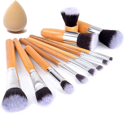 Scheibe Kabuki Makeup Brushes Set – 11 Pc Wooden Handle ansd Beauty Blender(Pack of 12)