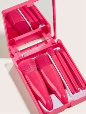 HOUSE OF COMMON Mini Portable Traveling Pink MakeUp Brush set with case and mirror for daily use(Pack of 5)