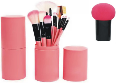SMIETRZ Professional 12 Pcs Makeup Brush With Box & Mushroom Shaped Sponge Puff - Pink(Pack of 13)