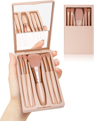 RUBY FACE Travel Makeup Brush Set - 5pcs Portable Cosmetic Brushes Kit with Mirror(Pack of 5)