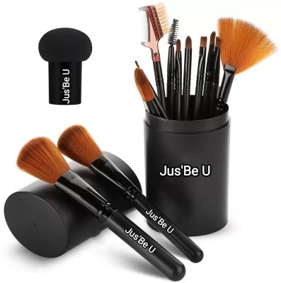 Jus’Be U Professional 12 Pcs Makeup Brush With Box & Mushroom Shaped Sponge Puff - Black(Pack of 13)