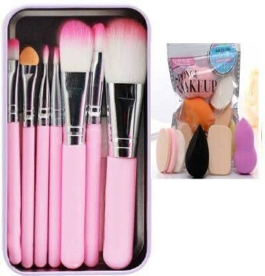 Mcmillan Hello Kitty mini Pink brush set (Pack of 7) & Makeup puff (8 Items in the set)(Pack of 8)
