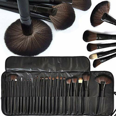 grasp Fiber Bristle Makeup Brush Set with Black Leather Case- BLACK, 24 Pieces