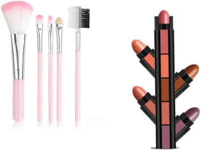 Mecovip 5 pink makeup brush and 5 in 1 lipistic pack of 2(Pack of 5)