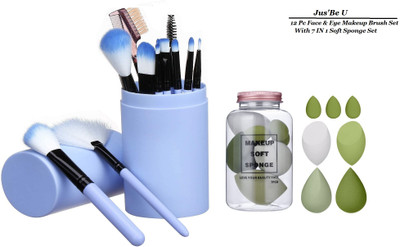 Jus’Be U 12 pc Face & Eye Makeup Brush Set With Box + 7in1 Makeup Sponge set with Jar(Pack of 19)