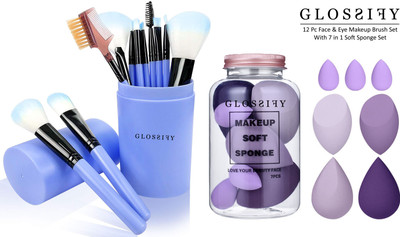 glossify 12 Pieces Face & Eye Makeup Brush Set With Box + 7in1 Makeup Sponge set with Jar(Pack of 19)