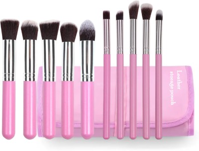 HOUSE OF COMMON 10 Pcs Pink Makeup Brush Set - Synthetic Fiber Bristles with Leather Case(Pack of 10)