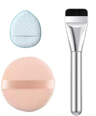 Beautiflame Flat Head Foundation Brush With Round Powder Puff & Finger Sponge(Pack of 3)