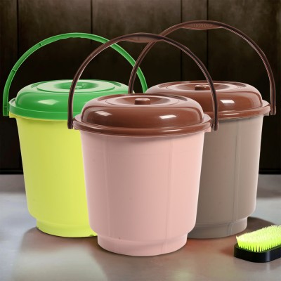 KUBER INDUSTRIES Pack of 3 Bathroom 18 Liter Bucket with Lid & Handle | Green-Peach & Mink Grey 18 L Plastic Bucket(Green, Orange, Grey)