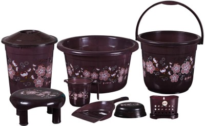 Ziasi Bathroom Set of 8, Balti 16L,Tub 18L, Dustbin 11L, 1pc Mug Bucket 40 L Plastic Bucket(Brown)