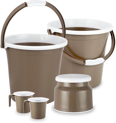 AVAIKSA Bathroom Bucket Mug Stool set | ( 2 x Bucket 20 Ltr, 2 x Mug 1.5 Ltr, Stool ) 20 L Plastic Bucket(Brown)