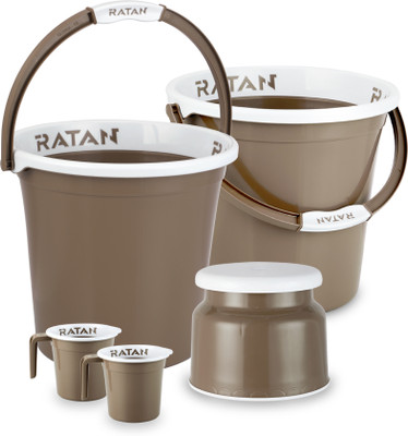 RATAN Plastic Bathroom Set of 5 Combo 18L Bucket x 2, Stool x 1, 1L Mug x 2 18 L Plastic Bucket(Brown)