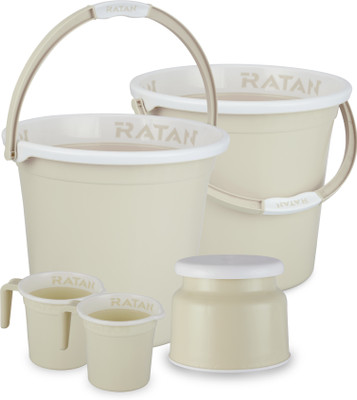 RATAN Plastic Bath Set of 5 Combo, 25L Bucket x 2, Stool x 1, 1L Mug x2 25 L Plastic Bucket(Beige)