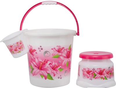 avery Home Flower Printed Smart Bathroom Set Of 3 Heavy Duty ,Bucket ,Stool/Mug 20 L Plastic Bucket(Pink)