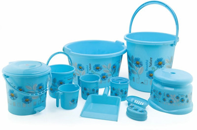 uma khodal Printed Bathroom Set Combo Plastic bucket, Tub & Mug Bathroom Set 11 pcs (Blue) 20 L Plastic Bucket(Blue)