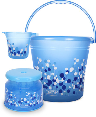 RATAN Frosty Bubble Print Blue Pack of 3 Bathroom Set (Bucket, Mug, Stool) 18 L Plastic Bucket(Blue)