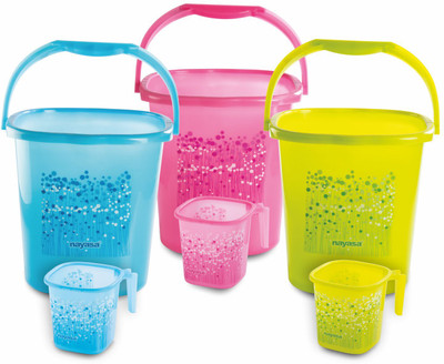NAYASA Funk Square 6 Pcs Bath Set | Sturdy and Durable | 3 Bkt 25 L+3 Mug 1.5 L | 25 L Plastic Bucket(Multicolor)