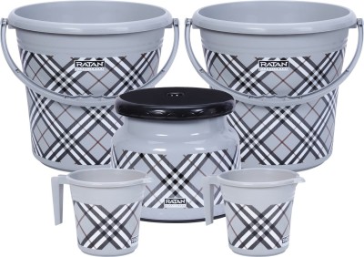 RATAN Frosty Checks Print Grey Pack of 5 Bathroom Set (Bucket, Mug, Stool) 20 L Plastic Bucket(Grey)