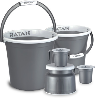RATAN Plastic Bath Set of 5 Combo 18L Bucket x 1, 20L Bucket x 1, Stool x 1, 1L Mug x2 20 L Plastic Bucket(Silver)