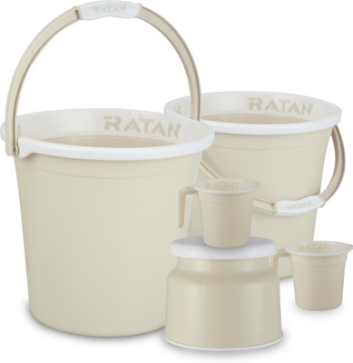 RATAN Plastic Bath Set of 5 Combo 18L Bucket x 1, 20L Bucket x 1, Stool x 1, 1L Mug x2 25 L Plastic Bucket(Beige)
