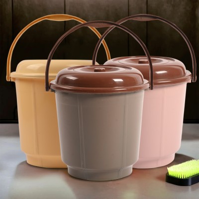 KUBER INDUSTRIES Pack of 3 Bathroom 18 Liter Bucket with Lid & Handle | Cream-Peach & Mink Grey 18 L Plastic Bucket(Multicolor)