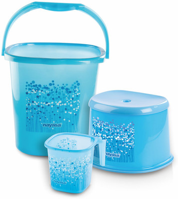NAYASA Funk Square 3 Pcs Bath Set | BKT 25 L + Mug 1.5 L + Stool 508 |Sturdy & Durable| 25 L Plastic Bucket(Blue)