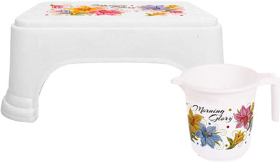 KUBER INDUSTRIES Printed 2 Pieces Unbreakable Virgin Plastic Multipurpose Bathroom Stool & Mug Set (White) 1 L Plastic Bucket(White)