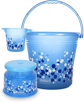 RATAN Plastic Bathroom Set 1 Frosty Bucket 16L+1 Frosty Mug 1000ml+Stool Bubble Print 16 L Plastic Bucket(Blue)