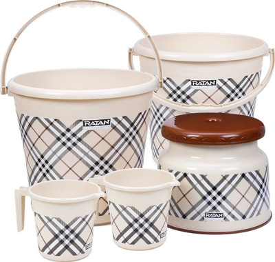 RATAN Frosty Checks Print Beige Pack of 5 Bathroom Set (Bucket x 2,Mug x 2, Stool x 1) 18 L Plastic Bucket(Beige)