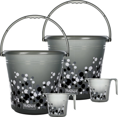 RATAN Frosty Bubble Print Grey Pack of 4 Bathroom Set (Bucket x 2, Mug x 2) 25 L Plastic Bucket(Grey)