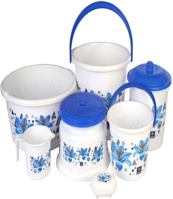 WIBE Plastic Flower Printed Bathroom Bucket Set, Pack Of 7, Blue 20 L Plastic Bucket(Blue)