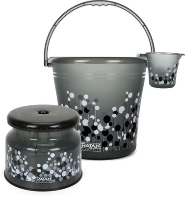 RATAN Frosty Bubble Print Pack of 3 Bathroom Set (Bucket x 1, Mug x 1, Stool x 1) 20 L Plastic Bucket(Grey)