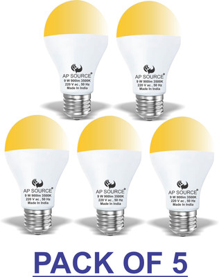AP Source 9 W Basic Round E27 LED Bulb(Yellow, Pack of 5)