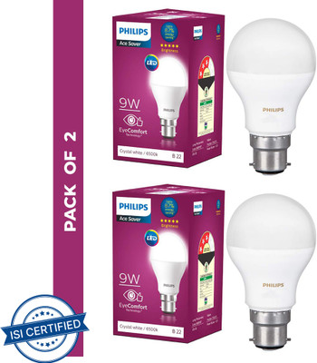 PHILIPS 9 W Basic Round B22 LED Bulb(White, Pack of 2)
